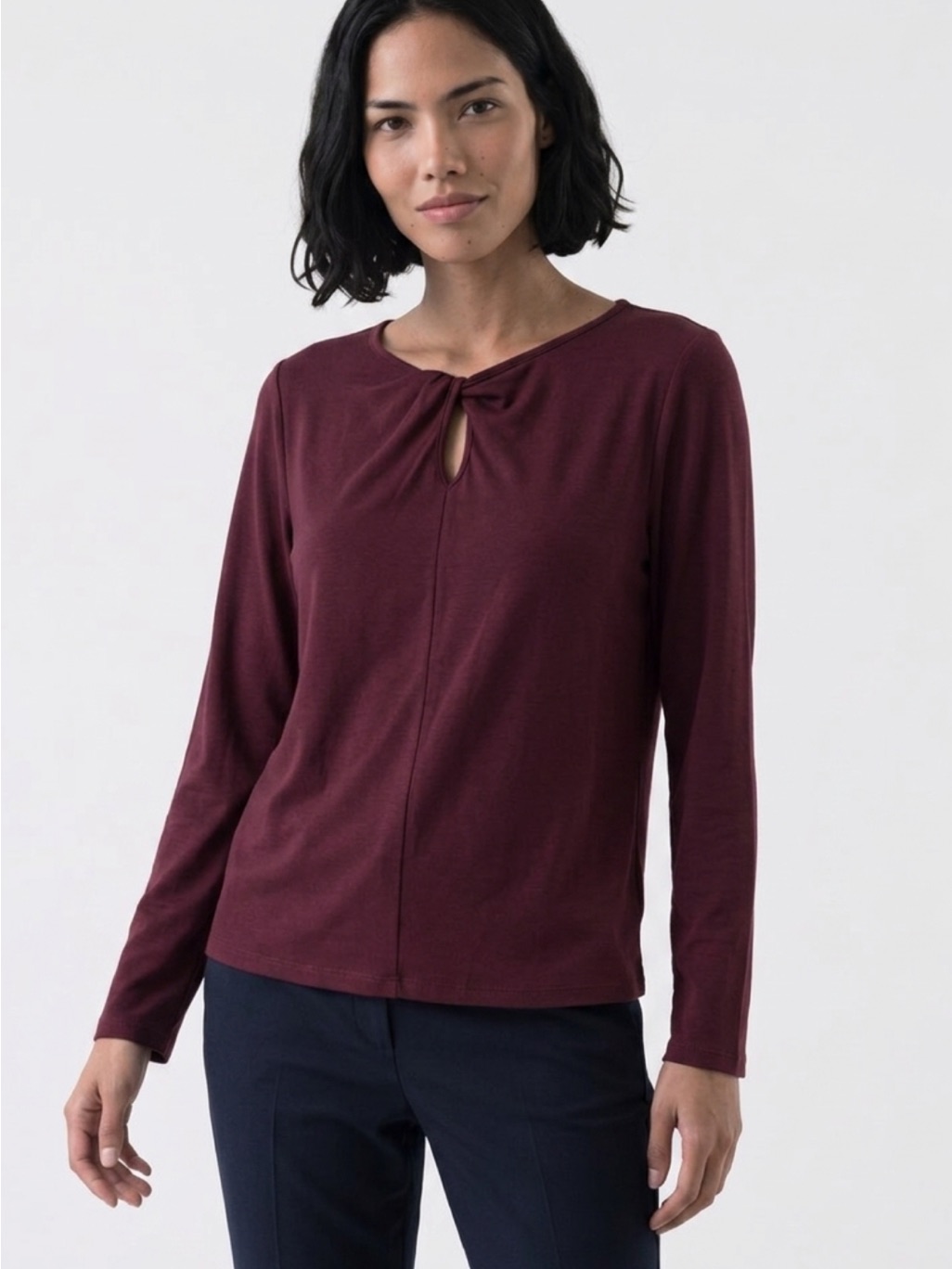 Staccato Burgundy Long-Sleeve Twist Keyhole Top
